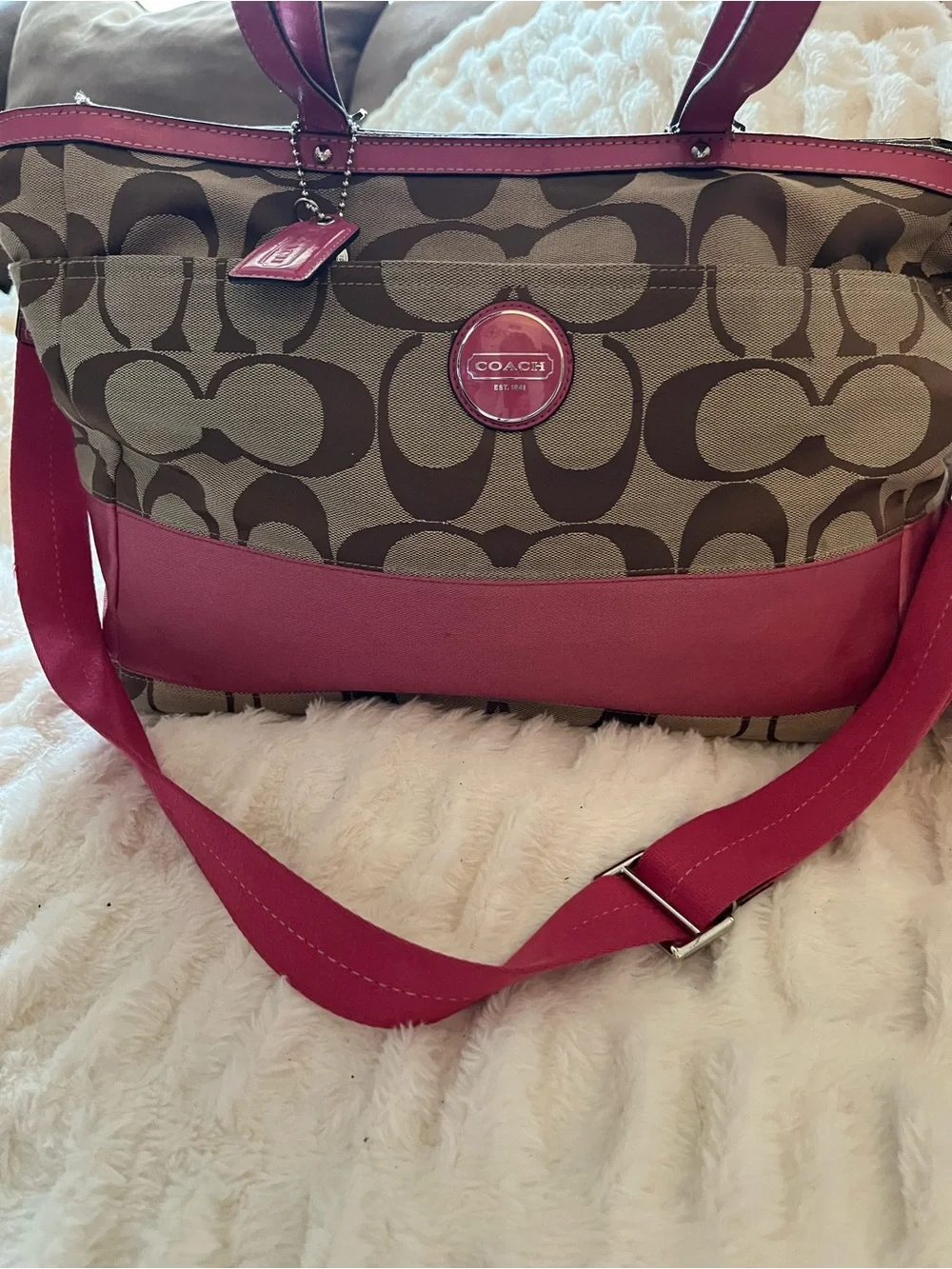 Coach Signature Stripe Baby Bag w/ Hot Pink Patient Leather Trim - EUC